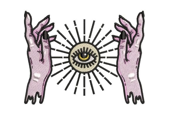 Mystical Hands Framing All-Seeing Eye with Sunburst Embroidery Design