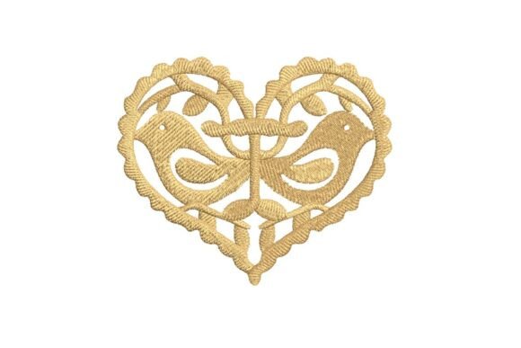 Ornate Golden Heart with Lovebirds Folk Art Embroidery Design