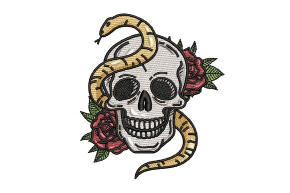 Tattoo Style Skull with Snake and Roses Embroidery